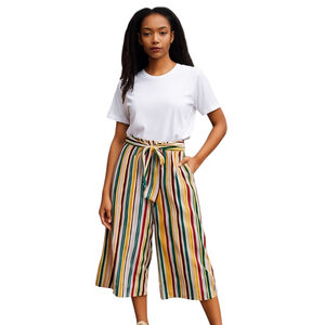 Zara Trafaluc Collection Cropped Culotte Pants Womens M Multi Striped Wide Leg